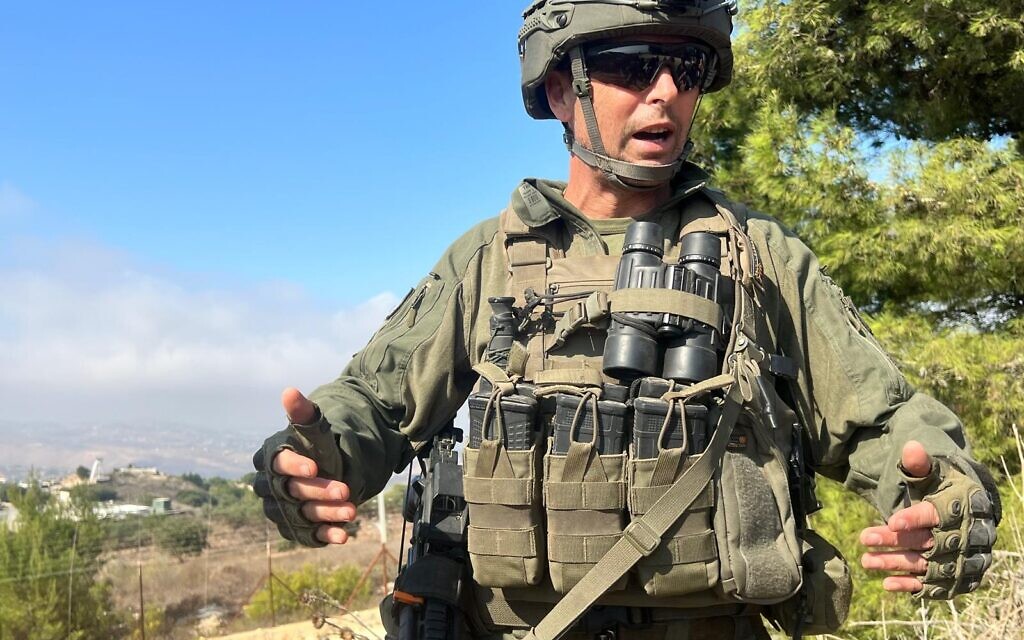 91st Division commander Brig. Gen. Shai Klepper (L) on the border with Lebanon, October 10, 2024. (Lazar Berman/Times of Israel)