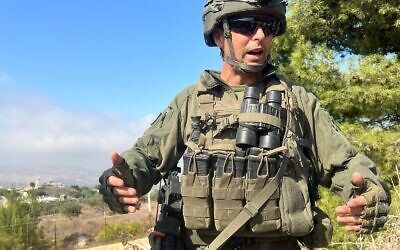 91st Division commander Brig. Gen. Shai Klepper (L) on the border with Lebanon, October 10, 2024. (Lazar Berman/Times of Israel)