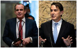 Left: White House Coordinator for the Middle East and North Africa Brett McGurk, April 18, 2024. (Kent Nishimura/Getty Images via AFP); Right: US envoy Amos Hochstein, October 21, 2024. (AP Photo/Hassan Ammar)