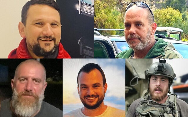 IDF reservists killed during fighting in southern Lebanon on October 25, 2024: (L-R) top: Maj. (res.) Dan Maori, 43; Warrant Officer (res.) Omri Lotan, 47; bottom: Warrant Officer (res.) Guy Idan, 51; Cpt. (res.) Alon Safrai, 28; and Master Sgt. (res.) Tom Segal, 28. IDF reservists killed during fighting in southern Lebanon on October 25, 2024: (L-R) top: Maj. (res.) Dan Maori, 43; Warrant Officer (res.) Omri Lotan, 47; bottom: Warrant Officer (res.) Guy Idan, 51; Cpt. (res.) Alon Safrai, 28; and Master Sgt. (res.) Tom Segal, 28.