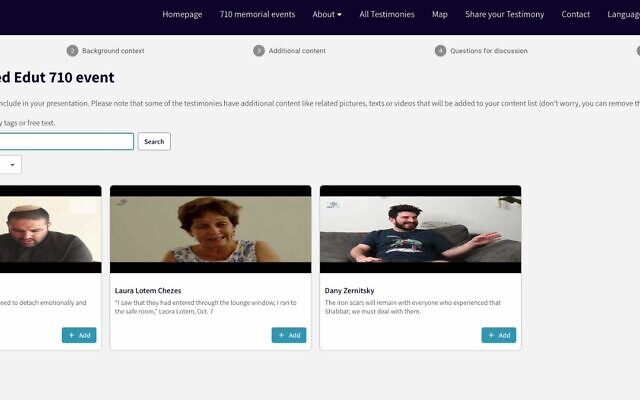 A screenshot of the AI online search platform developed by Microsoft and Edut 710 to preserve testimonies of the Oct. 7 atrocities. (Courtesy) A screenshot of the AI online search platform developed by Microsoft and Edut 710 to preserve testimonies of the Oct. 7 atrocities. (Courtesy)