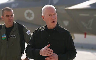 Defense Minister Yoav Gallant visits the Nevatim air force base in southern Israel, October 6, 2024. (X video screenshot: used in accordance with Clause 27a of the Copyright Law)