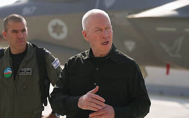 Defense Minister Yoav Gallant visits the Nevatim air force base in southern Israel, October 6, 2024. (X video screenshot: used in accordance with Clause 27a of the Copyright Law) Defense Minister Yoav Gallant visits the Nevatim air force base in southern Israel, October 6, 2024. (X video screenshot: used in accordance with Clause 27a of the Copyright Law)