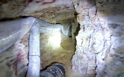 The inside of a Hezbollah tunnel that crossed into Israel, in a video released by the IDF on October 8, 2024. (Israel Defense Forces)