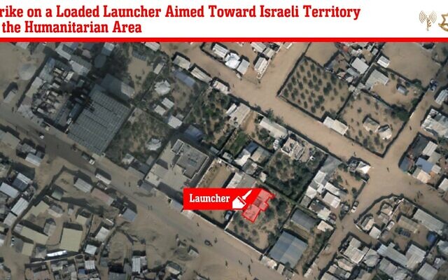 An IDF-provided graphic showing the location of a rocket launcher positioned in the Israeli-designated 'humanitarian zone' in the southern Gaza Strip that was hit in an airstrike on November 13, 2024. (Israel Defense Forces) An IDF-provided graphic showing the location of a rocket launcher positioned in the Israeli-designated 'humanitarian zone' in the southern Gaza Strip that was hit in an airstrike on November 13, 2024. (Israel Defense Forces)