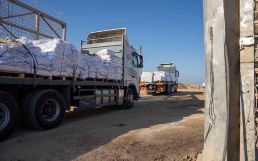 Aid enters the Gaza Strip via the new Kissufim Crossing, November 12, 2024. (COGAT)