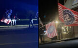 (L-R) Demonstrators waved Nazi flags across the street from a community theater production of "The Diary of Anne Frank" in Howell, Michigan, Nov. 9, 2024; the group then moved onto nearby Fowlerville, Michigan. (Screenshots via American Legion Howell and WLNS News via JTA, used in accordance with Clause 27a of the Copyright Law)
