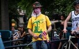 A man wearing a Hezbollah shirt at an anti-Israel protest in Union Square, June 10, 2024. (Luke Tress via JTA)