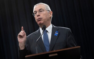 Israel's Ambassador to the United States Michael Herzog speaks during a roundtable discussion about gender-based violence against Israeli women during Hamas's October 7 massacre, on Capitol Hill on February 14, 2024 in Washington, DC. (Brendan Smialowski/AFP)