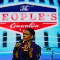 Holocaust denier Candace Owens speaks on stage during conservative group Turning Point USA's 'The Peoples Convention' at Huntington Place in Detroit, Michigan, June 14, 2024. (Jeff Kowalsky / AFP)