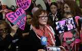 Oscar-winning actress Susan Sarandon talks to journalists with demonstrators from Code Pink for Peace while rallying against Israel and in support of Palestinians outside the Capitol Hill offices of Rep. Rashida Tlaib (D-MI) on February 15, 2024, in Washington, DC. (Chip Somodevilla/ Getty Images/ AFP)