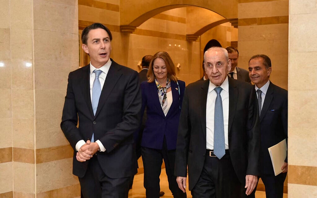 Lebanese Parliament Speaker Nabih Berri (R) meets with US special envoy Amos Hochstein (L) in Beirut, on October 21, 2024. (AFP)