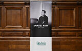 File: A picture of Samuel Paty during the "Samuel Paty" award ceremony, organized by the Association of History and Geography Teachers (APHG), at the Sorbonne university in Paris on October 19, 2024. (Bertrand GUAY / AFP)