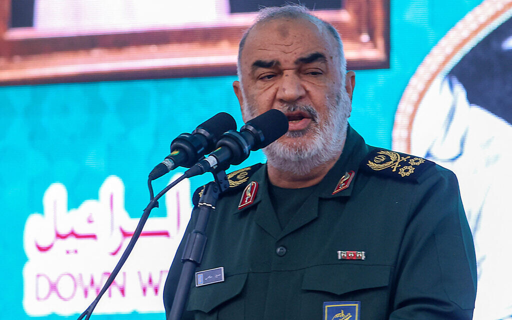 Head of Iran's Islamic Revolutionary Guard Corps Hossein Salami speaks during a rally outside the former US embassy in Tehran on November 3, 2024. (ATTA KENARE / AFP)
