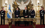 Argentinian President Javier Milei (L) and his new Foreign Minister Gerardo Werthein stand during the latter's swearing-in ceremony at Casa Rosada Presidential Palace in Buenos Aires on November 4, 2024. (Argentinian Presidency / AFP)