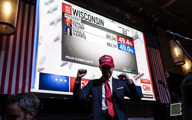 A supporter of US Presidential candidate Donald Trump poses for a picture at "Pinche Gringo" restaurant as he follows the US election results in Mexico City on November 5, 2024. (Yuri CORTEZ / AFP)
