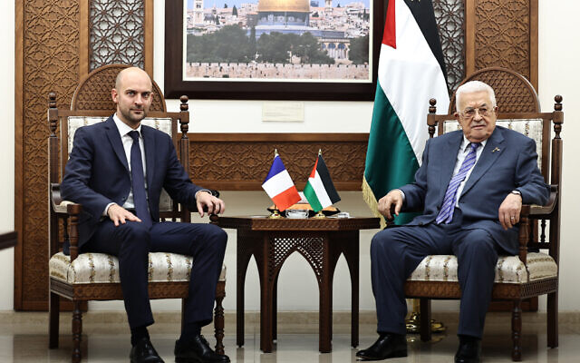 France's Europe and Foreign Affairs Minister Jean-Noel Barrot (L) meets with Palestinian Authority President Mahmoud Abbas in Ramallah on November 7, 2024. (Zain Jaafar/AFP)