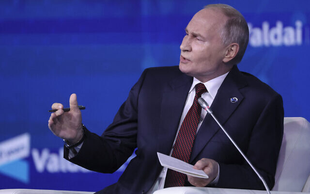 Russia's President Vladimir Putin answers a question during the Valdai Discussion Club meeting in Sochi on November 7, 2024. (Maxim Shipenkov/Pool/AFP) Russia's President Vladimir Putin answers a question during the Valdai Discussion Club meeting in Sochi on November 7, 2024. (Maxim Shipenkov/Pool/AFP)