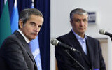 IAEA chief Rafael Grossi, left, give a joint press conference in Tehran with Iranian Atomic Energy Organization head Mohammad Eslami on November 14, 2024. (ATTA KENARE / AFP)