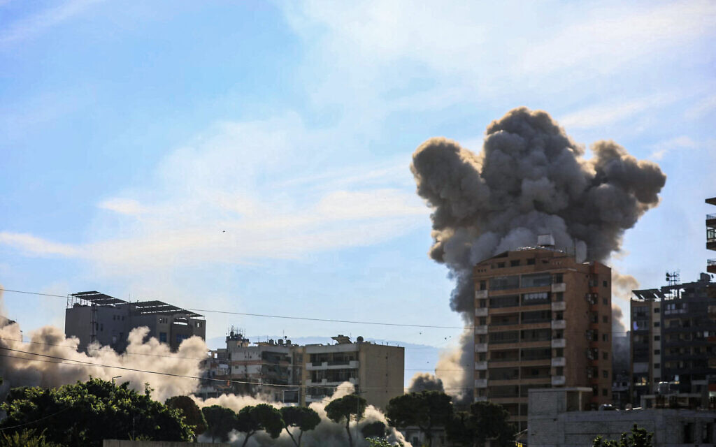 Smoke rises from the site of an Israeli airstrike targeting a Hezbollah site in the Al Ghobeir neighborhood in southern Beirut on November 14, 2024. (AFP)