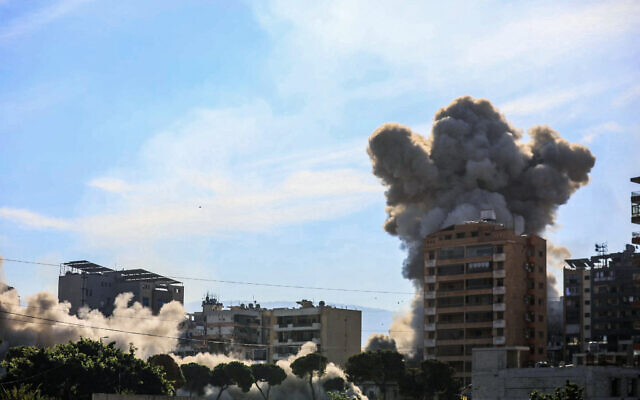 Smoke rises from the site of an Israeli airstrike targeting a Hezbollah site in the Al Ghobeir neighborhood in southern Beirut on November 14, 2024. (AFP)