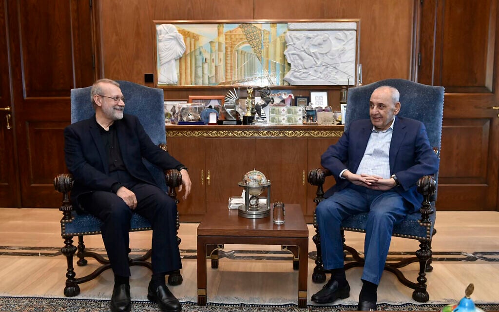 Ali Larijani (L), a senior adviser to Iran's Supreme Leader Ali Khamenei meets with Lebanon's Parliament Speaker Nabih Berri (R) in Beirut on November 15, 2024. (Photo by AFP)