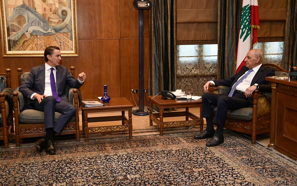 Lebanese Parliament Speaker Nabih Berri (R) meets with US special envoy Amos Hochstein in Beirut on November 19, 2024. (AFP)