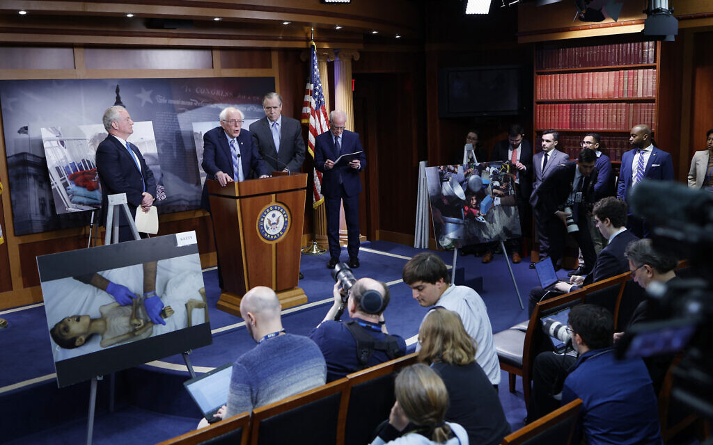 US Sen. Bernie Sanders (I-VT), joined by fellow senators U.S. Sen. Chris Van Hollen (D-MD), U.S. Sen. Jeff Merkley (D-OR) and U.S. Sen. Peter Welch (D-VT), speaks at a news conference on restricting arms sales to Israel at the U.S. Capitol on November 19, 2024 in Washington, DC. (Kevin Dietsch/Getty Images/AFP) US Sen. Bernie Sanders (I-VT), joined by fellow senators U.S. Sen. Chris Van Hollen (D-MD), U.S. Sen. Jeff Merkley (D-OR) and U.S. Sen. Peter Welch (D-VT), speaks at a news conference on restricting arms sales to Israel at the U.S. Capitol on November 19, 2024 in Washington, DC. (Kevin Dietsch/Getty Images/AFP)