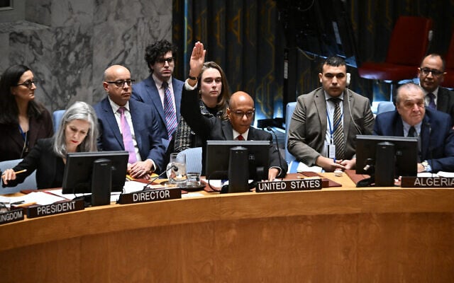US Alternate Ambassador to the United Nations Robert Wood raises his hand to veto a draft resolution calling for a ceasefire in Gaza, during a United Nations Security Council meeting on November 20, 2024, at UN headquarters in New York City. (ANGELA WEISS / AFP) US Alternate Ambassador to the United Nations Robert Wood raises his hand to veto a draft resolution calling for a ceasefire in Gaza, during a United Nations Security Council meeting on November 20, 2024, at UN headquarters in New York City. (ANGELA WEISS / AFP)