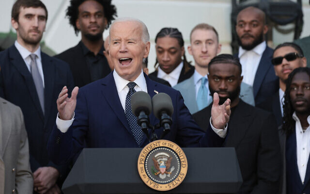 US President Joe Biden delivers remarks while welcoming the 2024 NBA champion Boston Celtics to the White House, November 21, 2024, in Washington. (Win McNamee/Getty Images/AFP) US President Joe Biden delivers remarks while welcoming the 2024 NBA champion Boston Celtics to the White House, November 21, 2024, in Washington. (Win McNamee/Getty Images/AFP)