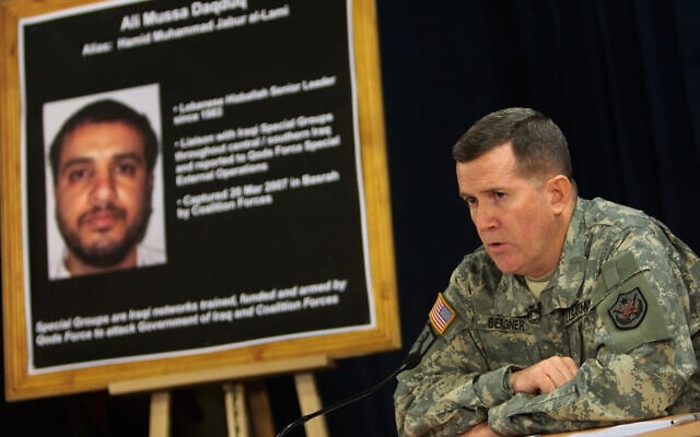 US military spokesman Brig. Gen. Kevin J. Bergner speaks during a press conference in Baghdad, Iraq, next to a poster of senior Hezbollah operative Ali Mussa Daqduq, on July 2, 2007. (AP Photo/Wathiq Khuzaie, Pool) US military spokesman Brig. Gen. Kevin J. Bergner speaks during a press conference in Baghdad, Iraq, next to a poster of senior Hezbollah operative Ali Mussa Daqduq, on July 2, 2007. (AP Photo/Wathiq Khuzaie, Pool)