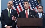 Rep. David Kustoff, one of the Jewish co-sponsors of a bill prohibiting nonprofits from providing support to terrorist organizations, at a news conference flanked by Israeli Knesset Speaker Amir Ohana, left, and Rep. Anthony D'Esposito, right, on Capitol Hill in Washington, DC, February 7, 2024. (AP Photo/Jose Luis Magana)