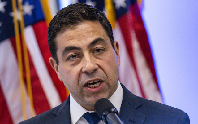 George Helmy speaks during a news conference after being announced to take the US Senate seat being vacated by Senator Bob Menendez, in Newark, New Jersey, August 16, 2024. (AP Photo/Eduardo Munoz Alvarez, File) George Helmy speaks during a news conference after being announced to take the US Senate seat being vacated by Senator Bob Menendez, in Newark, New Jersey, August 16, 2024. (AP Photo/Eduardo Munoz Alvarez, File)