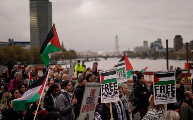 Anti-Israel protesters hold flags and placards during a march in support of the Palestinian people in Gaza, in London, November 2, 2024. (AP Photo/Alberto Pezzali) Anti-Israel protesters hold flags and placards during a march in support of the Palestinian people in Gaza, in London, November 2, 2024. (AP Photo/Alberto Pezzali)