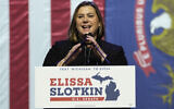Democratic Michigan Senate candidate Rep. Elissa Slotkin speaks during an election night watch party, Wednesday, November 6, 2024 in Detroit. (AP Photo/Carlos Osorio)