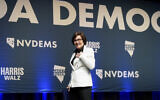 Sen. Jacky Rosen, D-Nev., reacts to the crowd after speaking to supporters during an election watch party Wednesday, Nov. 6, 2024, in Las Vegas. (AP Photo/John Locher)