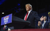 Republican presidential nominee former US president Donald Trump speaks at an election night watch party at the Palm Beach Convention Center, in West Palm Beach, Florida, November 6, 2024. (Evan Vucci/AP)