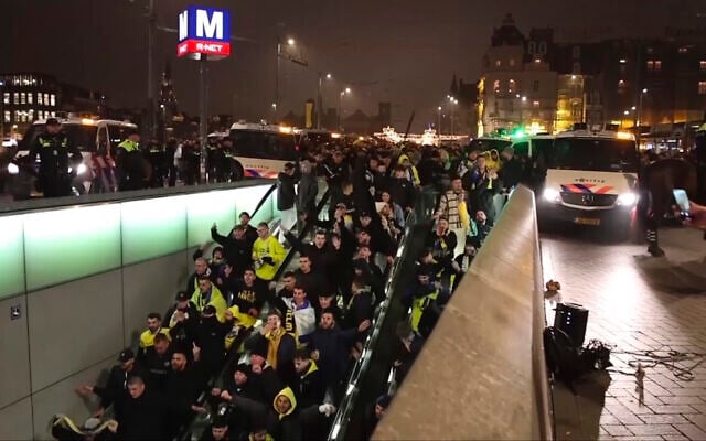 In this image taken from video, police escort Maccabi Tel Aviv supporters to the metro in Amsterdam, the Netherlands, Thursday, November 7, 2024. (AP Photo InterVision) In this image taken from video, police escort Maccabi Tel Aviv supporters to the metro in Amsterdam, the Netherlands, Thursday, November 7, 2024. (AP Photo InterVision)