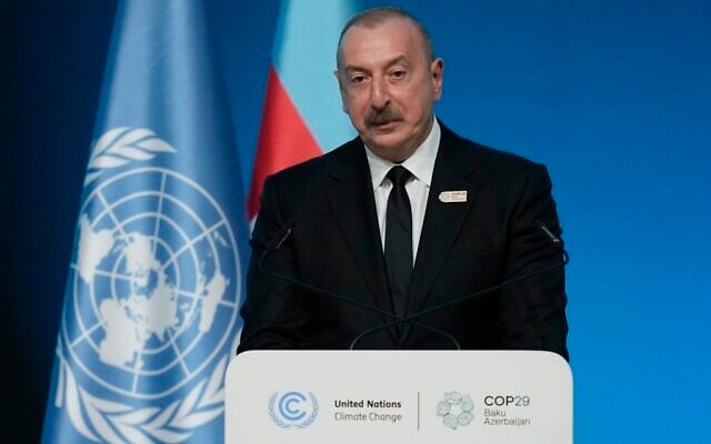 Ilham Aliyev, Azerbaijan president, speaks during a plenary session at the COP29 UN Climate Summit, November 12, 2024, in Baku, Azerbaijan. (AP Photo/Rafiq Maqbool)