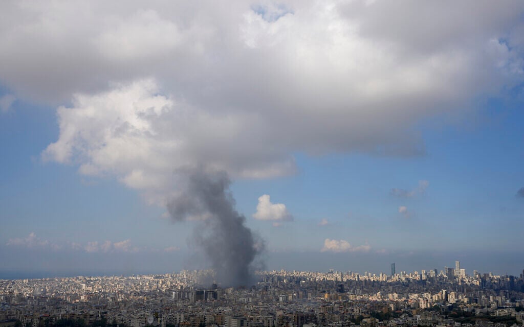Smoke billows following Israeli airstrikes in Dahiyeh, Beirut, Lebanon, Nov. 13, 2024. (AP/Hassan Ammar)