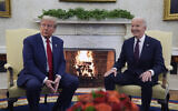 US President Joe Biden (R) meets with US President-elect Donald Trump (L) in the Oval Office of the White House, November 13, 2024, in Washington. (AP Photo/Evan Vucci)
