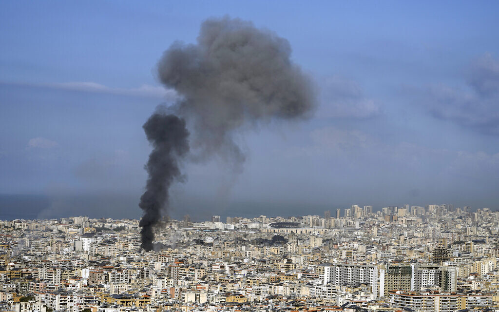 Smoke rises after an Israeli airstrike on Dahiyeh, in the southern suburb of Beirut, Lebanon, November 16, 2024. (AP/Bilal Hussein)