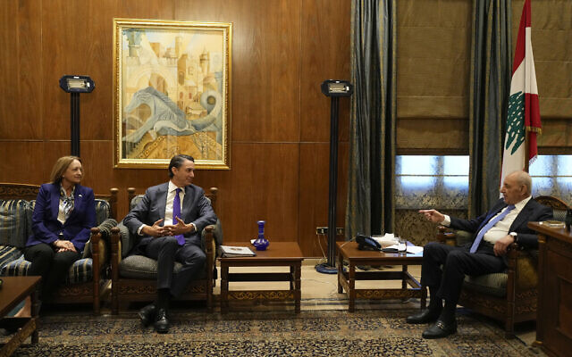Amos Hochstein, center, a senior adviser to US President Joe Biden, and US Ambassador to Lebanon Lisa A. Johnson, left, meet with Lebanese Parliament speaker Nabih Berri, in Beirut, Lebanon, Nov. 19, 2024. (AP Photo/Hassan Ammar) Amos Hochstein, center, a senior adviser to US President Joe Biden, and US Ambassador to Lebanon Lisa A. Johnson, left, meet with Lebanese Parliament speaker Nabih Berri, in Beirut, Lebanon, Nov. 19, 2024. (AP Photo/Hassan Ammar)