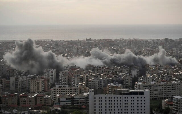 Smoke rise from Israeli airstrikes in Beirut’s southern suburbs, a Hezbollah stronghold known as Dahiyeh, November 24, 2024. (AP Photo/Hassan Ammar) Smoke rise from Israeli airstrikes in Beirut’s southern suburbs, a Hezbollah stronghold known as Dahiyeh, November 24, 2024. (AP Photo/Hassan Ammar)