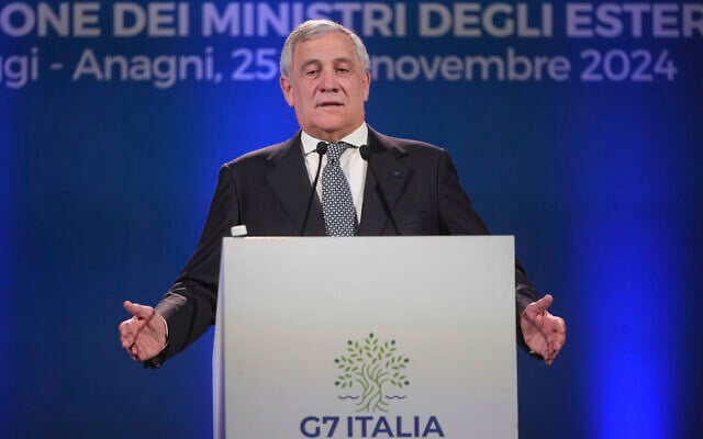 Italian Foreign Minister Antonio Tajani holds a press conference at the end of the G7 of foreign Ministers in Fiuggi, November 26, 2024. (AP Photo/Alessandra Tarantino, Pool) Italian Foreign Minister Antonio Tajani holds a press conference at the end of the G7 of foreign Ministers in Fiuggi, November 26, 2024. (AP Photo/Alessandra Tarantino, Pool)