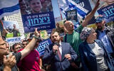 Heritage Minister Amichay Eliyahu attends a protest of bereaved families of Israeli soldiers killed in the Gaza Strip calling for the continuation of the war outside the Prime Minister's Office, in Jerusalem, May 5, 2024. (Yonatan Sindel/Flash90)