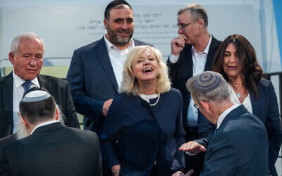 Attorney General Gali Baharav-Miara along with several government ministers, some of whom she has strongly criticized, as well cabinet secretary Yossi Fuchs with whom she has frequently clashed, at a special government conference on Jerusalem Day at the Bible Lands Museum in Jerusalem, June 5, 2024. (Yonatan Sindel/Flash90)