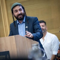 Religious Zionism MK Zvi Sukkot speaks at the 'Israel's Return to the Temple Mount' conference at the Knesset in Jerusalem, July 24, 2024. (Yonatan Sindel/Flash90)