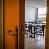 Illustrative photo of an empty classroom at a school in Jerusalem, on September 1, 2024. (Chaim Goldberg/Flash90)