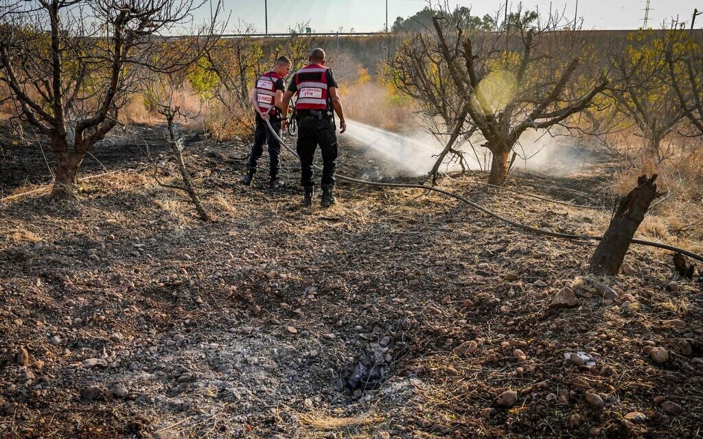 The site where a missile fired from Lebanon hit an open area, in Moshav Sde Eliezer, northern Israel, November 2, 2024. (Ayal Margolin/Flash90)